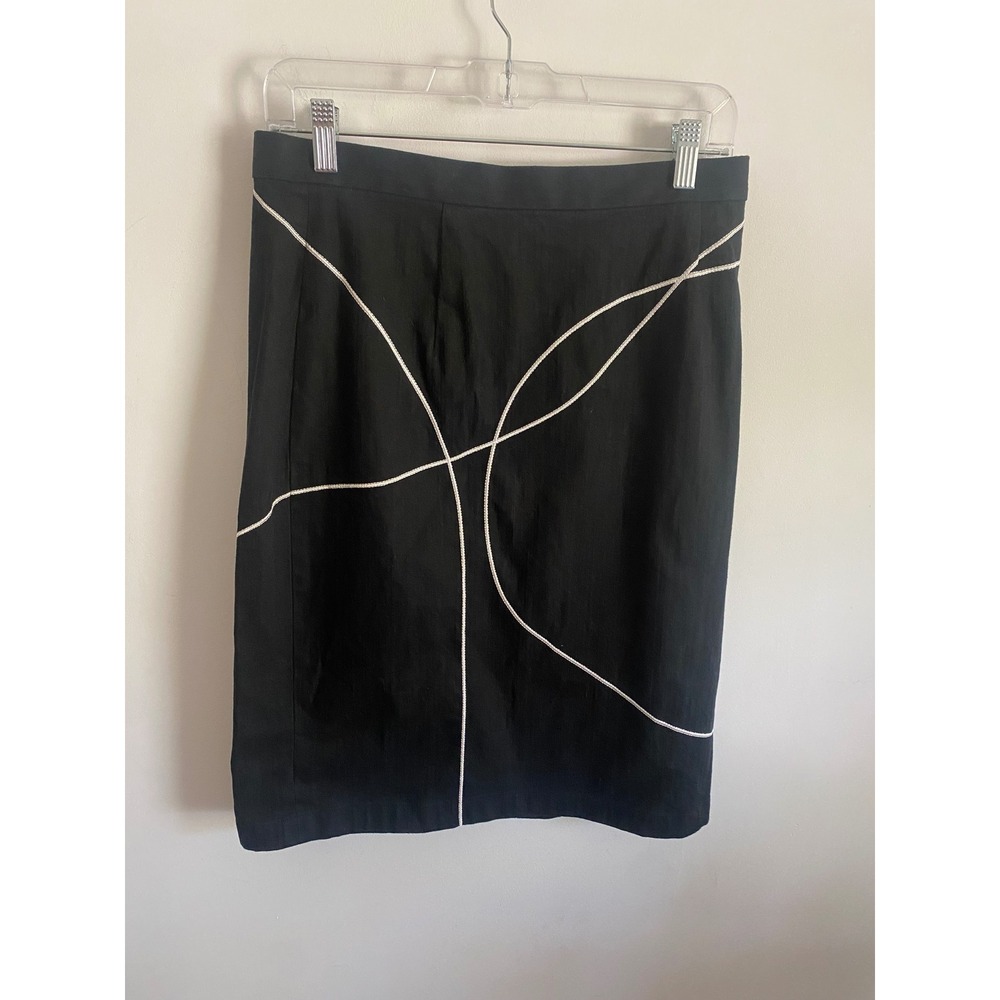 Worth‎ New York Black Pencil Skirt White Contrast Piping Geometric Size 8 Womens